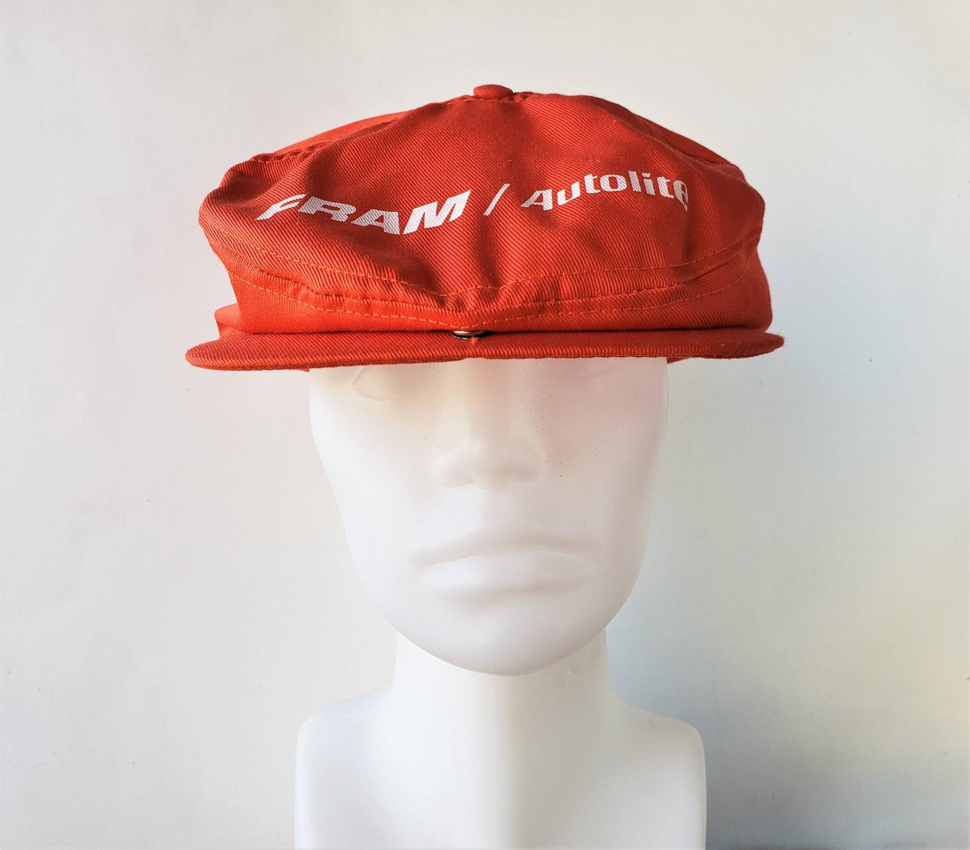 Vintage Fram Autolite Orange Button Zeitungsjunge Hut Cabbie Wohnung Newsie Automobilteile Promo Cap Snapback Victory Caps Made in Canada von HatsForward
