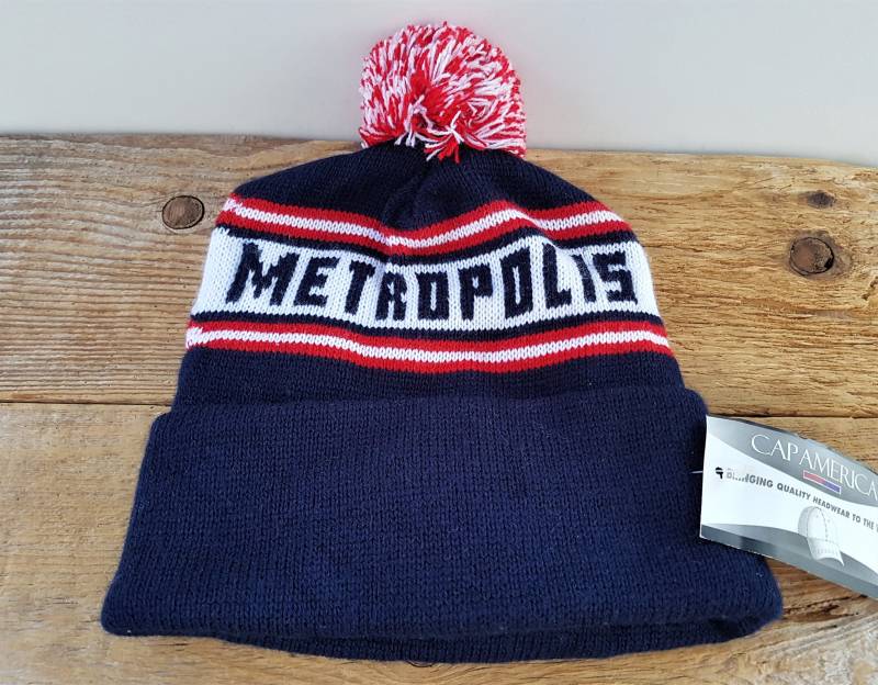 Vintage Metropolis Rugby Original Knit Toque Pom Winter Skimütze Made in Usa Navy Blau Beanie Kappe Retro Rot & Weiß Streifen Nos Cap America von HatsForward