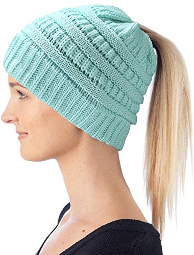Hatstar Damen Beanie Mütze mit Zopfloch | Strickmütze für Pferdeschwanz | Ponytail Beanie gestrickte Mädchen Wintermütze | weich & warm (Mintgrün) von Hatstar