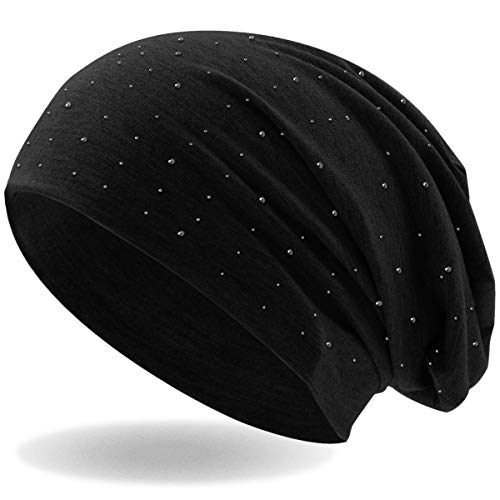 Hatstar Damen Beanie Mütze | mit edler Strass Nieten Applikation | Mädchen Mütze | elastisches Slouch Long Beanie | leicht und weich (1 schwarz) von Hatstar