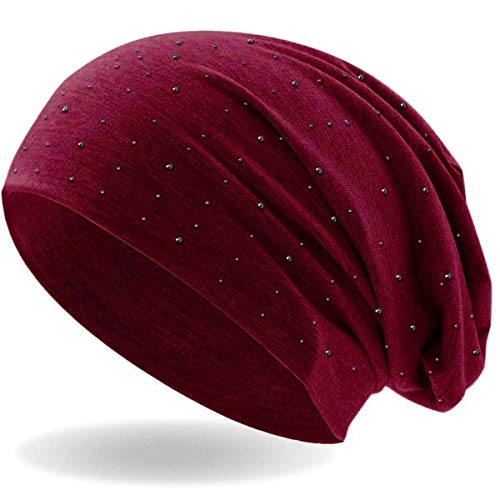 Hatstar Damen Beanie Mütze | mit edler Strass Nieten Applikation | Mädchen Mütze | elastisches Slouch Long Beanie | leicht und weich (dunkelrot) von Hatstar