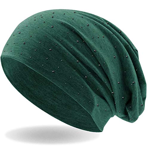 Hatstar Damen Beanie Mütze | mit edler Strass Nieten Applikation | Mädchen Mütze | elastisches Slouch Long Beanie | leicht und weich (grün meliert) von Hatstar