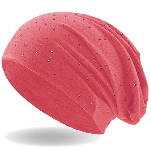 Hatstar Damen Beanie Mütze | mit edler Strass Nieten Applikation | Mädchen Mütze | elastisches Slouch Long Beanie | leicht und weich (hellrot meliert) von Hatstar