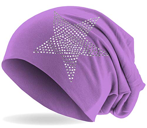 Hatstar Strass Stern Damen Beanie Mütze | elastisches Slouch Long Beanie | Mädchen Mütze | mit edler Strass Applikation | leicht und weich (Flieder) von Hatstar