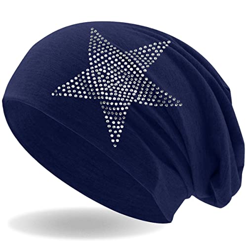 Hatstar Strass Stern Damen Beanie Mütze | elastisches Slouch Long Beanie | Mädchen Mütze | mit edler Strass Applikation | leicht und weich (Navy) von Hatstar