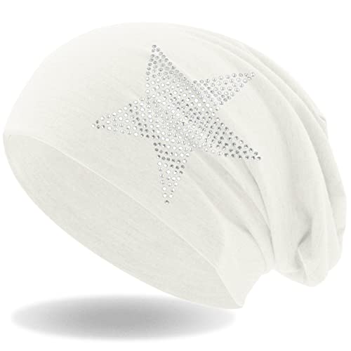 Hatstar Strass Stern Damen Beanie Mütze | elastisches Slouch Long Beanie | Mädchen Mütze | mit edler Strass Applikation | leicht und weich (Weiss) von Hatstar