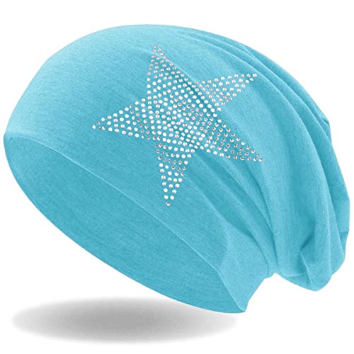 Hatstar Strass Stern Damen Beanie Mütze | elastisches Slouch Long Beanie | Mädchen Mütze | mit edler Strass Applikation | leicht und weich (hellblau) von Hatstar