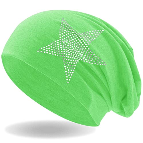 Hatstar Strass Stern Damen Beanie Mütze | elastisches Slouch Long Beanie | Mädchen Mütze | mit edler Strass Applikation | leicht und weich (neon grün) von Hatstar