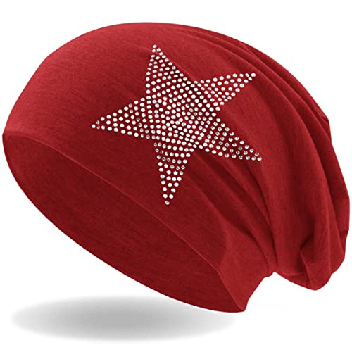 Hatstar Strass Stern Damen Beanie Mütze | elastisches Slouch Long Beanie | Mädchen Mütze | mit edler Strass Applikation | leicht und weich (rot) von Hatstar