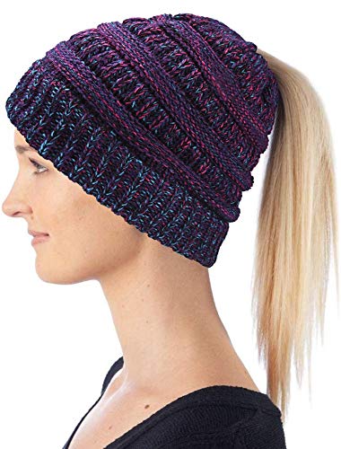 Hatstar Damen und Mädchen Wintermütze Strickmütze mit Zopfloch für Pferdeschwanz Ponytail Beanie, 30W, meliert lila-pink-türkis von Hatstar