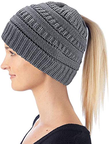 Hatstar Damen und Mädchen Wintermütze Strickmütze mit Zopfloch für Pferdeschwanz Ponytail Beanie, dunkelgrau, W30 von Hatstar