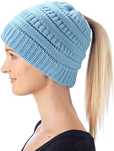 Hatstar Damen Beanie Mütze mit Zopfloch | Strickmütze für Pferdeschwanz | Ponytail Beanie gestrickte Mädchen Wintermütze | weich & warm (hellblau) von Hatstar