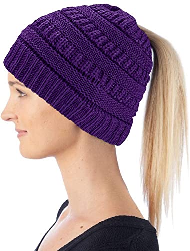 Hatstar Damen Beanie Mütze mit Zopfloch | Strickmütze für Pferdeschwanz | Ponytail Beanie gestrickte Mädchen Wintermütze | weich & warm (lila) von Hatstar