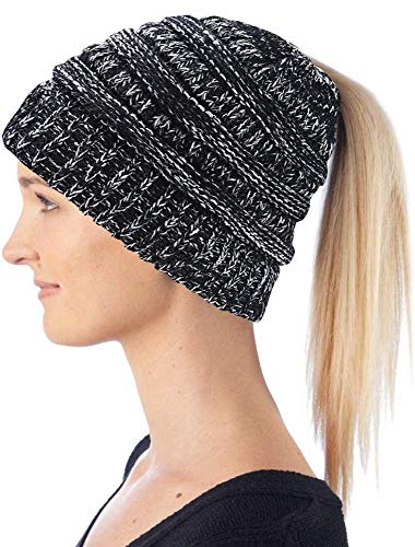 Hatstar Damen Beanie Mütze mit Zopfloch | Strickmütze für Pferdeschwanz | Ponytail Beanie gestrickte Mädchen Wintermütze | weich & warm (meliert schwarz-weiß) von Hatstar