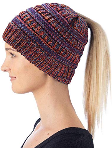 Hatstar Damen Beanie Mütze mit Zopfloch | Strickmütze für Pferdeschwanz | Ponytail Beanie gestrickte Mädchen Wintermütze | weich & warm (meliert türkis-rot-pink-lila) von Hatstar