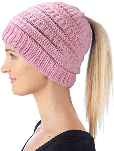 Hatstar Damen Beanie Mütze mit Zopfloch | Strickmütze für Pferdeschwanz | Ponytail Beanie gestrickte Mädchen Wintermütze | weich & warm (rosa) von Hatstar