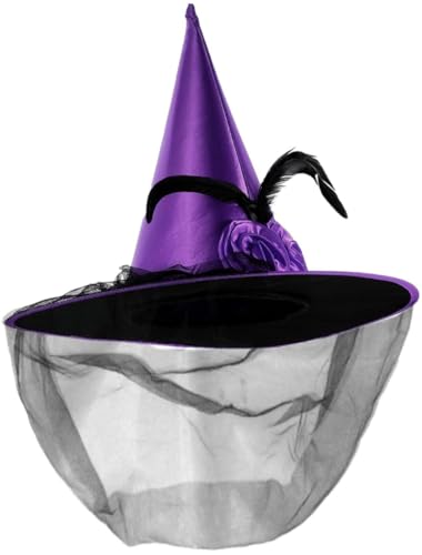 Hatstar Halloween Hexenhut | verziert mit Schleier, Rosen & Federn | Accessoire für Ihr Hexen Kostüm | Spitz Hut Kopfschmuck | Karneval & Fasching (2-lila) von Hatstar