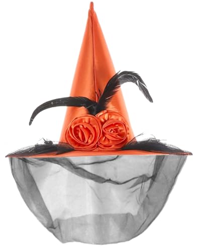 Hatstar Halloween Hexenhut | verziert mit Schleier, Rosen & Federn | Accessoire für Ihr Hexen Kostüm | Spitz Hut Kopfschmuck | Karneval & Fasching (3-orange) von Hatstar