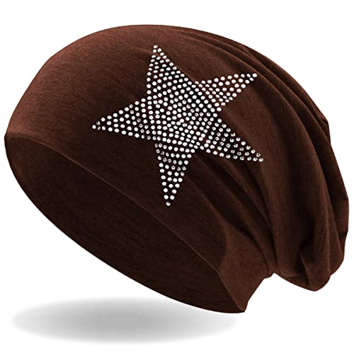 Hatstar Strass Stern Damen Beanie Mütze | elastisches Slouch Long Beanie | Mädchen Mütze | mit edler Strass Applikation | leicht und weich (Brown) von Hatstar