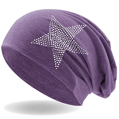 Hatstar Strass Stern Damen Beanie Mütze | elastisches Slouch Long Beanie | Mädchen Mütze | mit edler Strass Applikation | leicht und weich (Jeans lila meliert) von Hatstar