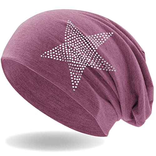 Hatstar Strass Stern Damen Beanie Mütze | elastisches Slouch Long Beanie | Mädchen Mütze | mit edler Strass Applikation | leicht und weich (Jeans rot meliert) von Hatstar