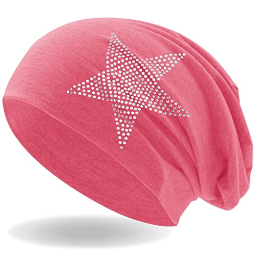 Hatstar Strass Stern Damen Beanie Mütze | elastisches Slouch Long Beanie | Mädchen Mütze | mit edler Strass Applikation | leicht und weich (Light pink) von Hatstar