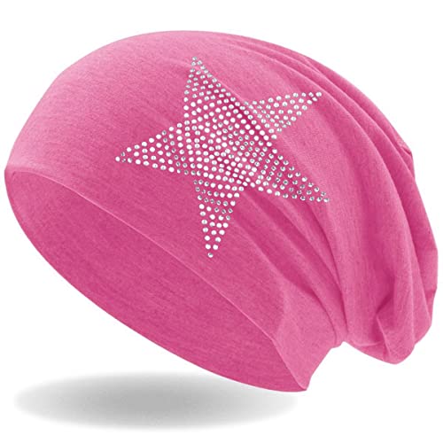 Hatstar Strass Stern Damen Beanie Mütze | elastisches Slouch Long Beanie | Mädchen Mütze | mit edler Strass Applikation | leicht und weich (neon pink) von Hatstar