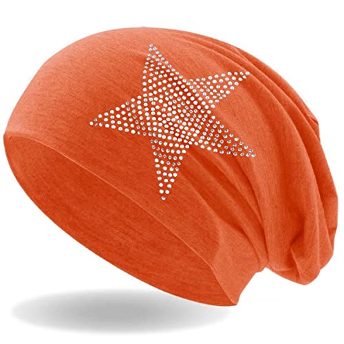 Hatstar Strass Stern Damen Beanie Mütze | elastisches Slouch Long Beanie | Mädchen Mütze | mit edler Strass Applikation | leicht und weich (orange) von Hatstar