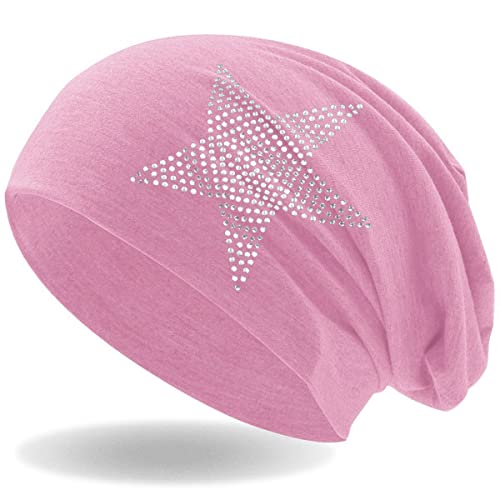 Hatstar Strass Stern Damen Beanie Mütze | elastisches Slouch Long Beanie | Mädchen Mütze | mit edler Strass Applikation | leicht und weich (rosa) von Hatstar