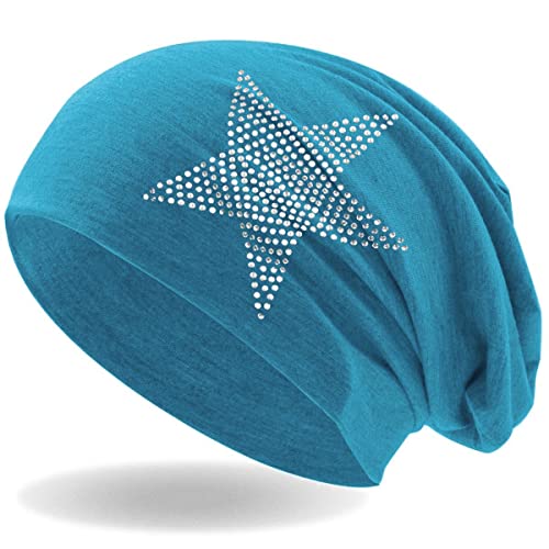 Hatstar Strass Stern Damen Beanie Mütze | elastisches Slouch Long Beanie | Mädchen Mütze | mit edler Strass Applikation | leicht und weich (türkis) von Hatstar