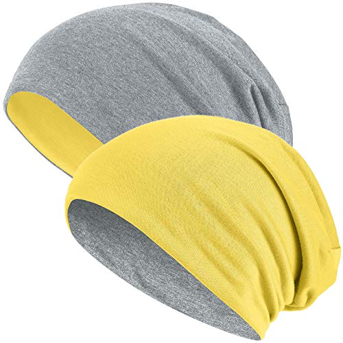 Hatstar® 2in1 Reversible Unisex Beanie | Damen und Herren Mütze | Übergangsmütze für Frühling und Sommer | SoftTouch Poly - Baumwolle | leicht & weich (2 in 1 hellgrau/gelb) von Hatstar