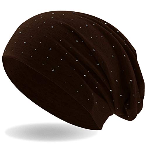 Hatstar Damen Beanie Mütze | mit edler Strass Nieten Applikation | Mädchen Mütze | elastisches Slouch Long Beanie | leicht und weich (Braun) von Hatstar
