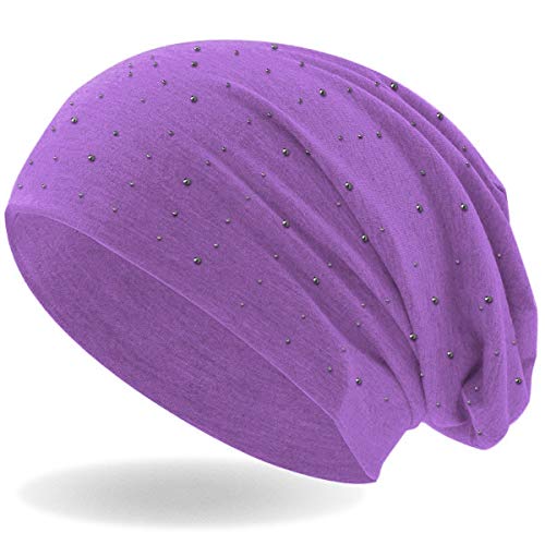 Hatstar Damen Beanie Mütze | mit edler Strass Nieten Applikation | Mädchen Mütze | elastisches Slouch Long Beanie | leicht und weich (Flieder) von Hatstar