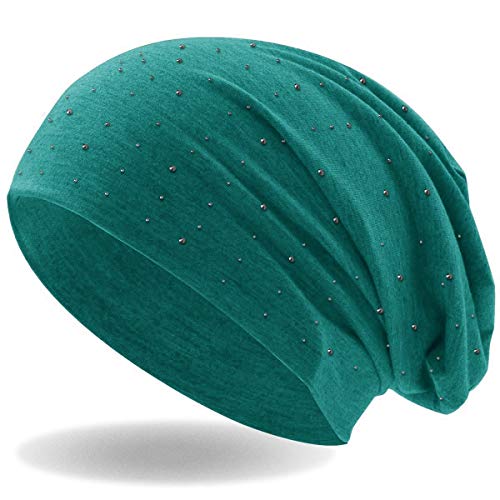 Hatstar Damen Beanie Mütze | mit edler Strass Nieten Applikation | Mädchen Mütze | elastisches Slouch Long Beanie | leicht und weich (Petrol) von Hatstar