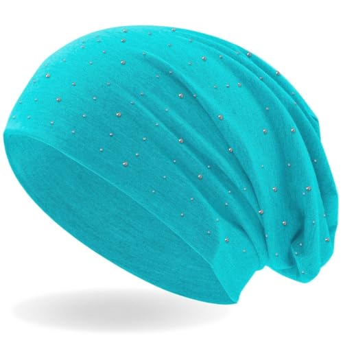 Hatstar Strass Nieten Steine Jersey elastisches Long Slouch Beanie Unisex Herren Damen Mütze (Trükis-Blau) von Hatstar