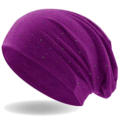 Hatstar Damen Beanie Mütze | mit edler Strass Nieten Applikation | Mädchen Mütze | elastisches Slouch Long Beanie | leicht und weich (lila) von Hatstar