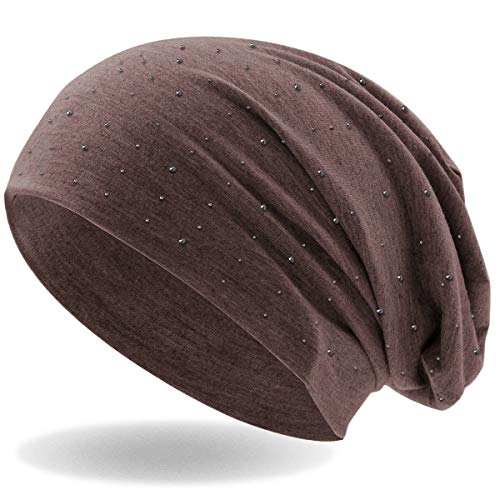 Hatstar Damen Beanie Mütze | mit edler Strass Nieten Applikation | Mädchen Mütze | elastisches Slouch Long Beanie | leicht und weich (Braun meliert) von Hatstar