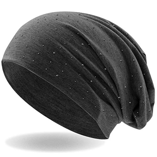 Hatstar Damen Beanie Mütze | mit edler Strass Nieten Applikation | Mädchen Mütze | elastisches Slouch Long Beanie | leicht und weich (Dunkelgrau) von Hatstar