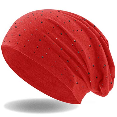 Hatstar Damen Beanie Mütze | mit edler Strass Nieten Applikation | Mädchen Mütze | elastisches Slouch Long Beanie | leicht und weich (Rot) von Hatstar