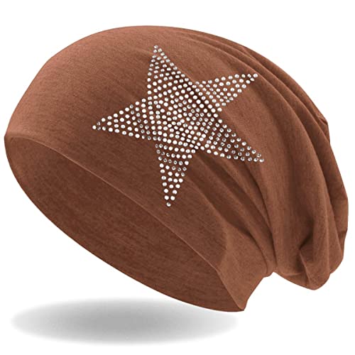 Strass Stern Damen Beanie Mütze | elastisches Slouch Long Beanie | Mädchen Mütze | mit edler Strass Applikation | leicht und weich (Hellbraun) von Hatstar