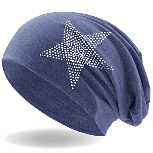 Strass Stern Damen Beanie Mütze | elastisches Slouch Long Beanie | Mädchen Mütze | mit edler Strass Applikation | leicht und weich (Jeans blau meliert) von Hatstar