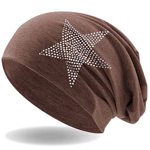 Strass Stern Damen Beanie Mütze | elastisches Slouch Long Beanie | Mädchen Mütze | mit edler Strass Applikation | leicht und weich (Jeans braun meliert) von Hatstar