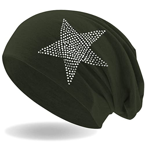 Hatstar Strass Stern Damen Beanie Mütze | elastisches Slouch Long Beanie | Mädchen Mütze | mit edler Strass Applikation | leicht und weich (Oliv) von Hatstar