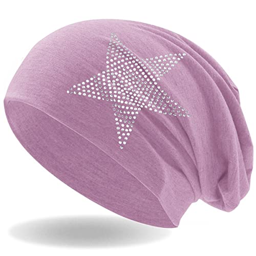 Strass Stern Damen Beanie Mütze | elastisches Slouch Long Beanie | Mädchen Mütze | mit edler Strass Applikation | leicht und weich (alt rosa) von Hatstar