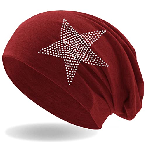 Strass Stern Damen Beanie Mütze | elastisches Slouch Long Beanie | Mädchen Mütze | mit edler Strass Applikation | leicht und weich (dunkelrot) von Hatstar