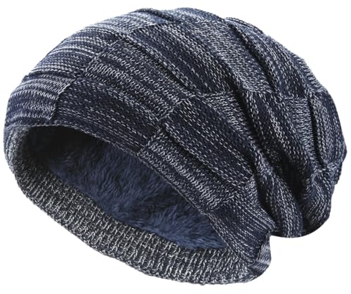 Hatstar Warme gefütterte Beanie Mütze Wintermütze Strickmütze Flechtmuster mit Fleece Innenfutter (meliert dunkelblau) von Hatstar