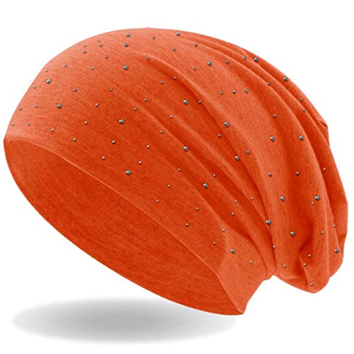 Hatstar Damen Beanie Mütze | mit edler Strass Nieten Applikation | Mädchen Mütze | elastisches Slouch Long Beanie | leicht und weich (neon orange) von Hatstar