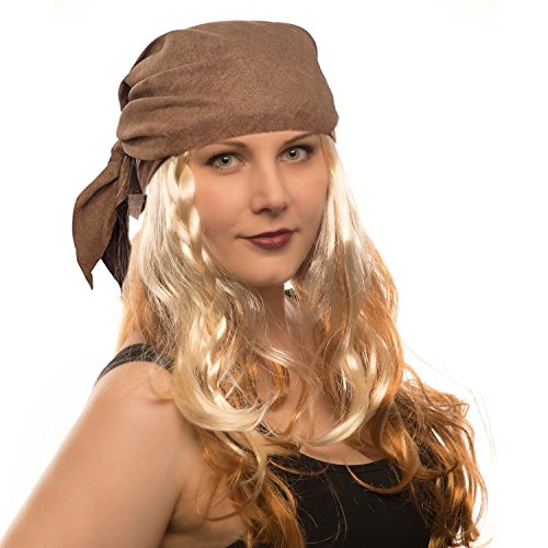 Piraten Piratin Perücke Seeräuber mit Bandana und Perlen Karneval und Fasching (Pirat Blond - Kopftuch Braun) von Hatstar