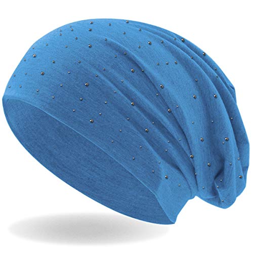 Damen Beanie Mütze | mit edler Strass Nieten Applikation | Mädchen Mütze | elastisches Slouch Long Beanie | leicht und weich (Hellblau) von Hatstar