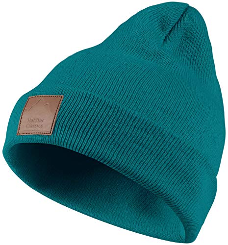 Warme Damen Beanie Mütze | Herren Mütze mit Leatherpatch | Strickmütze Wintermütze | für Frauen Männer Unisex | Cuffed Hats Weich & Warm Petrol von Hatstar